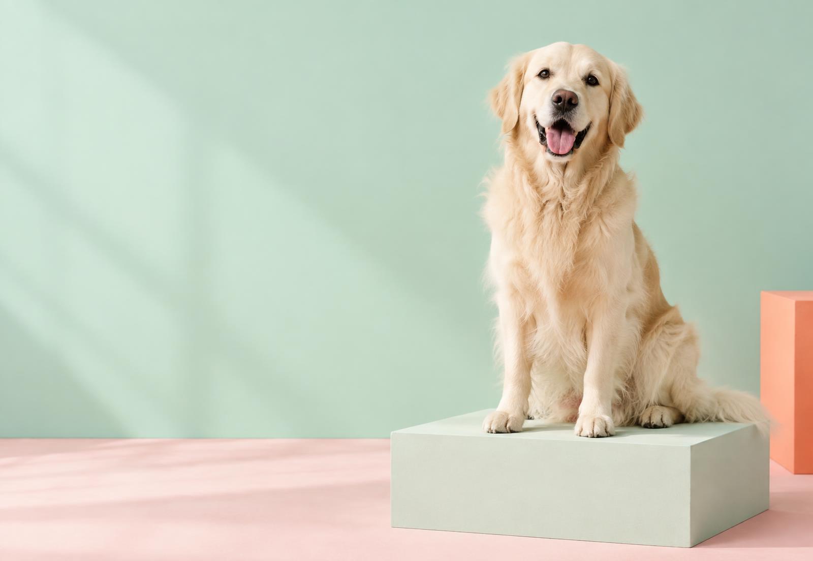 A happy golden retriever in a pastel green studio